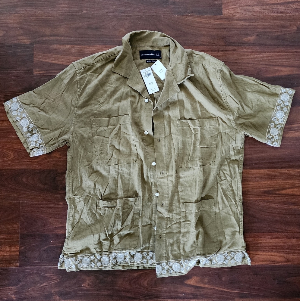 NWT Abercrombie & Fitch olive khaki linen blend button shirt w/lace trim - LARGE